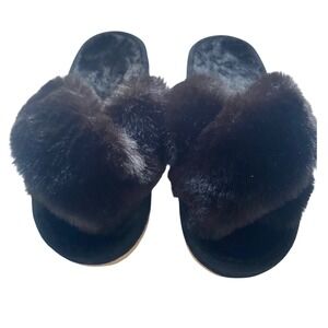 New! Fuzzy Slippers Open Toe Faux‎ Fur Comwarm EU 38-39 Black Gorgeous Diva Gift